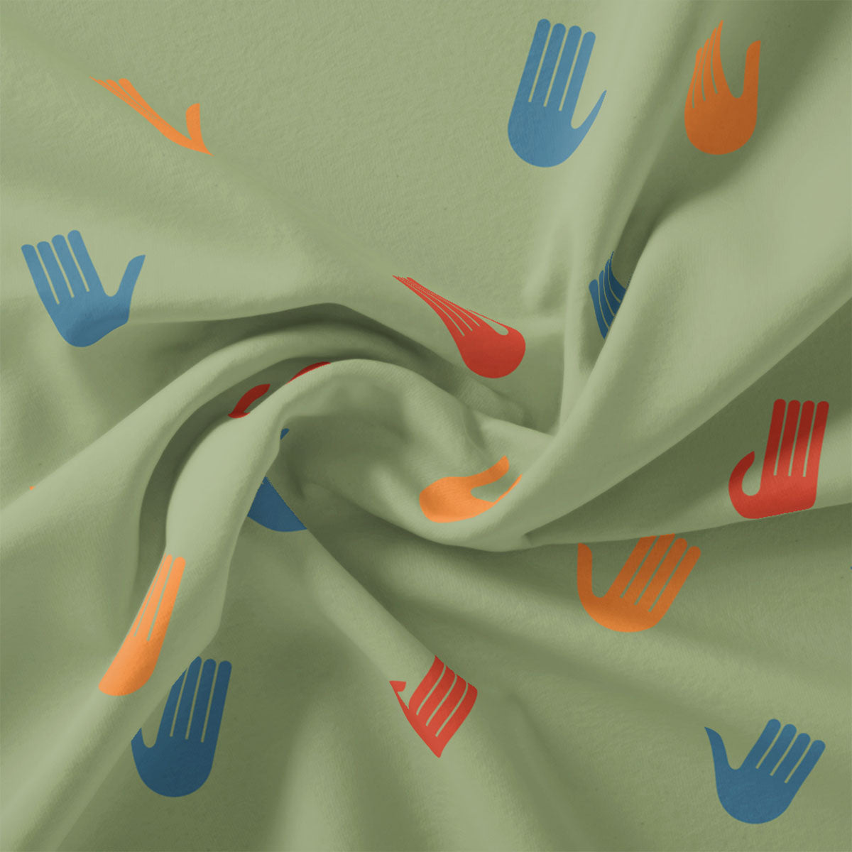 Green Muslin Digital Printed Fabric With Quirky Kids Hand Prints – hand3