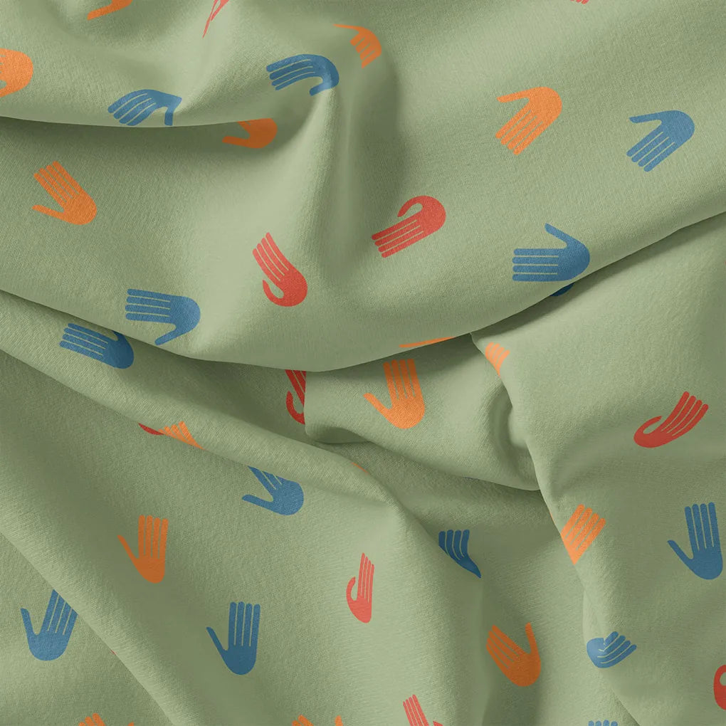 Green Muslin Digital Printed Fabric With Quirky Kids Hand Prints – hand4