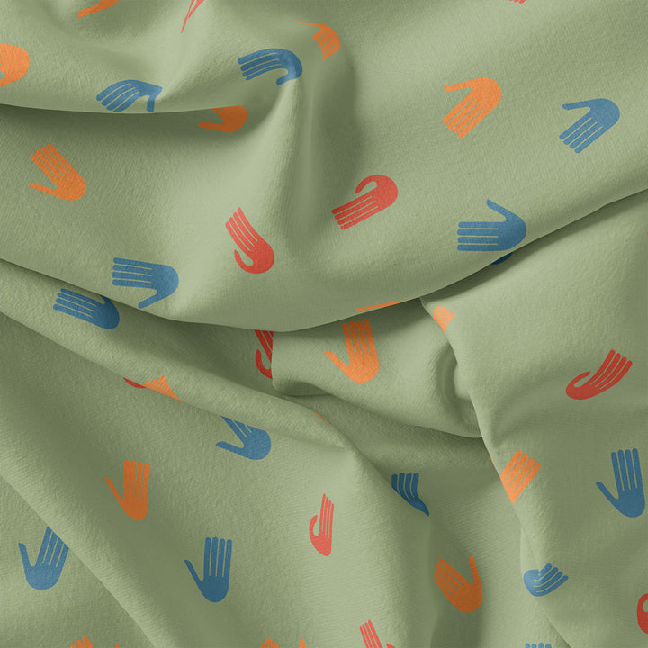Green Muslin Digital Printed Fabric With Quirky Kids Hand Prints