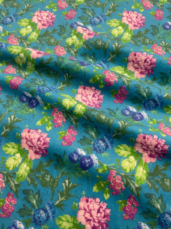 Teal Pink Floral Botanical Velvet Digital Printed Fabric