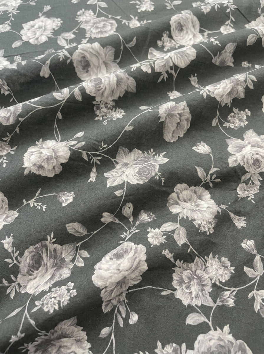 Black Black and White Floral Rose Pure Cotton Digital Printed Fabric