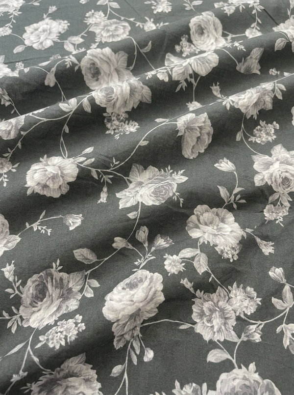 Black Black and White Floral Rose Pure Cotton Digital Printed Fabric