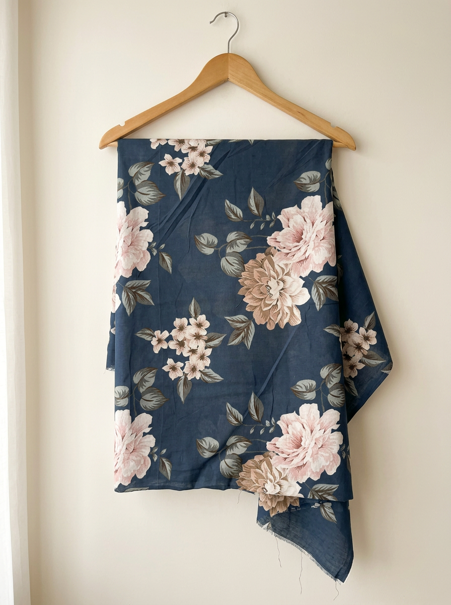Navy Floral with Pink Blooms Pure Cotton Digital Printed Fabric