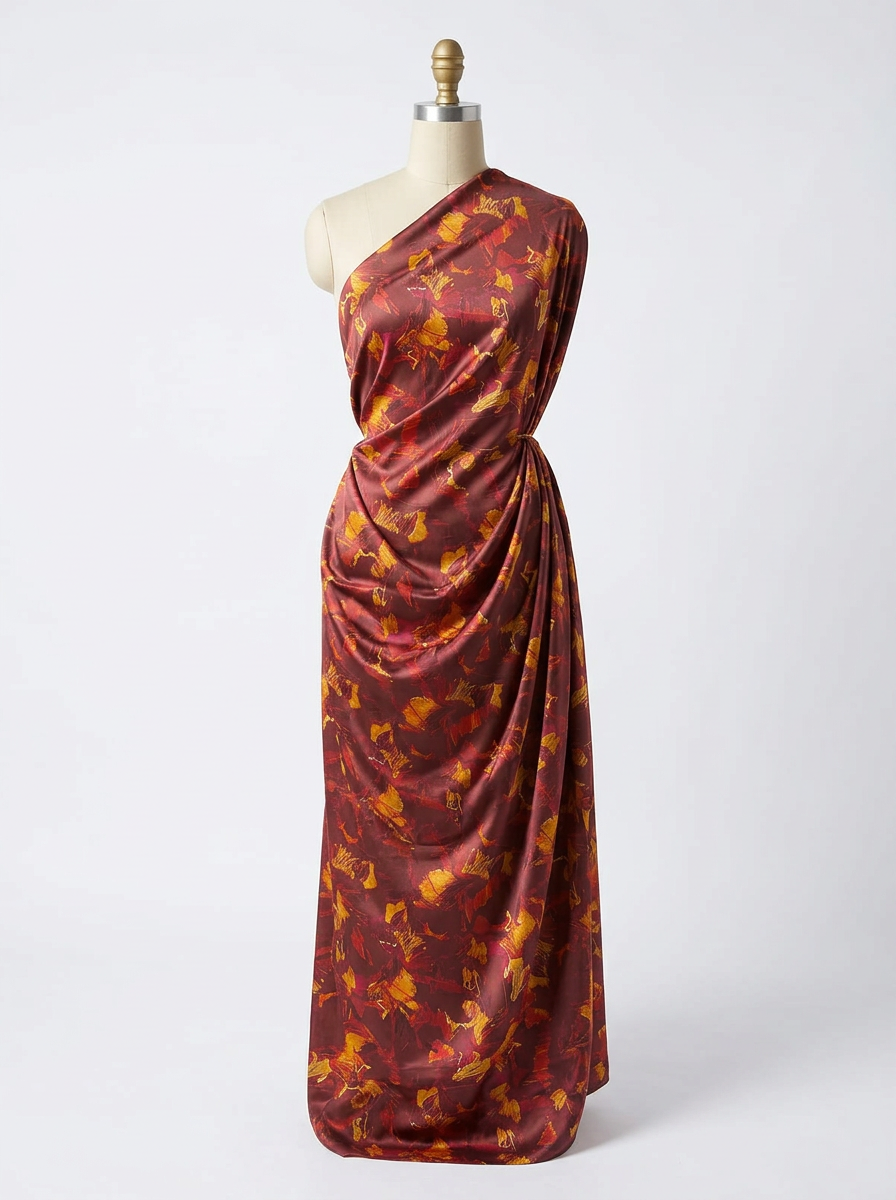 Close-up Texture & Drape of Mustard Yellow Japan Satin Fabric — FAB VOGUE Studio