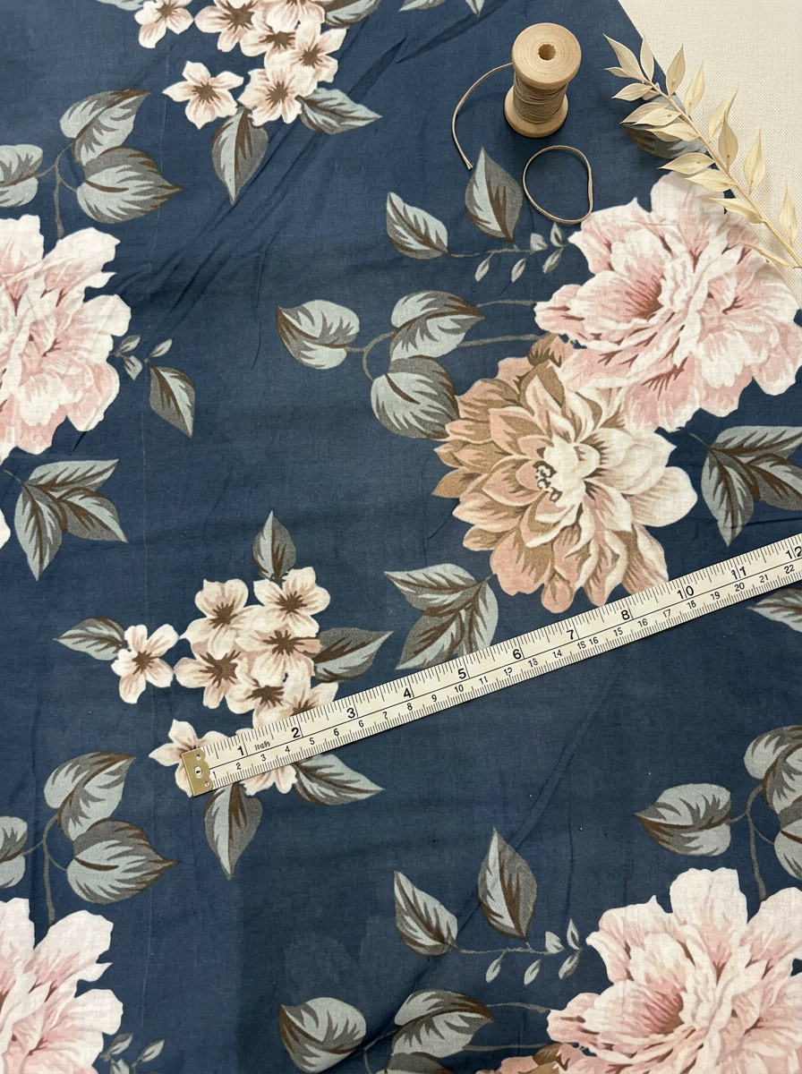 Navy Floral with Pink Blooms Pure Cotton Digital Printed Fabric