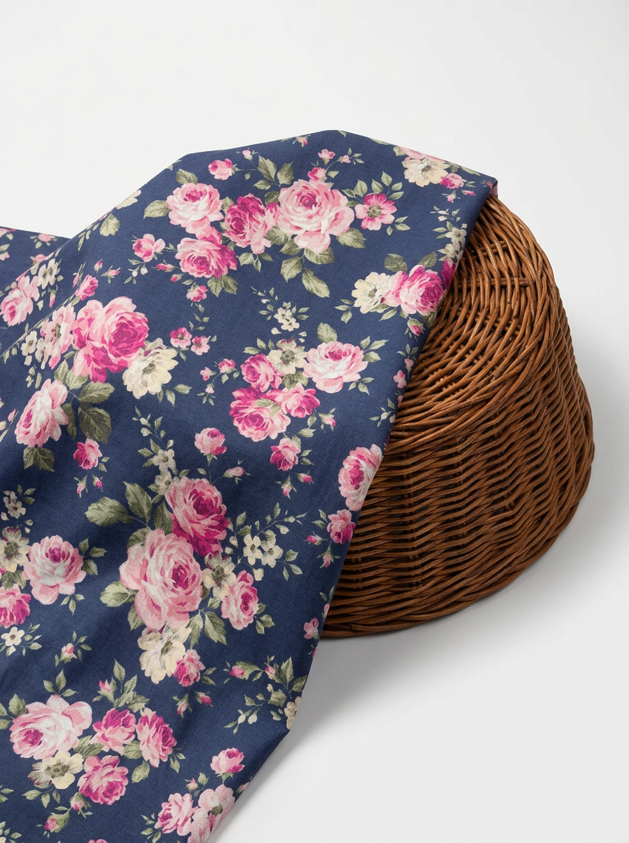 Navy Pink Rose Floral Pattern Pure Cotton Digital Printed Fabric for Dresses