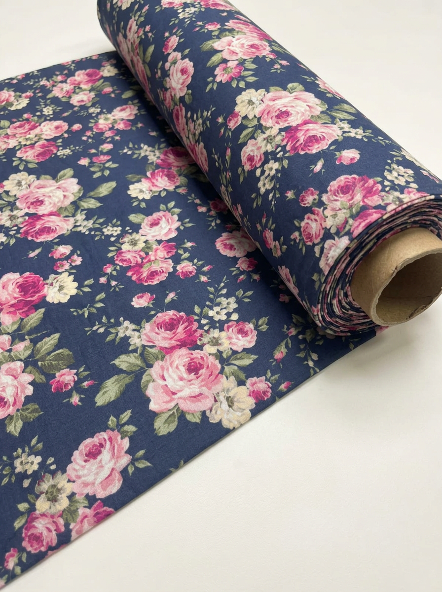Navy Pink Rose Floral Pattern Pure Cotton Digital Printed Fabric for Dresses