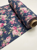 Navy Pink Rose Floral Pattern Pure Cotton Digital Printed Fabric for Dresses