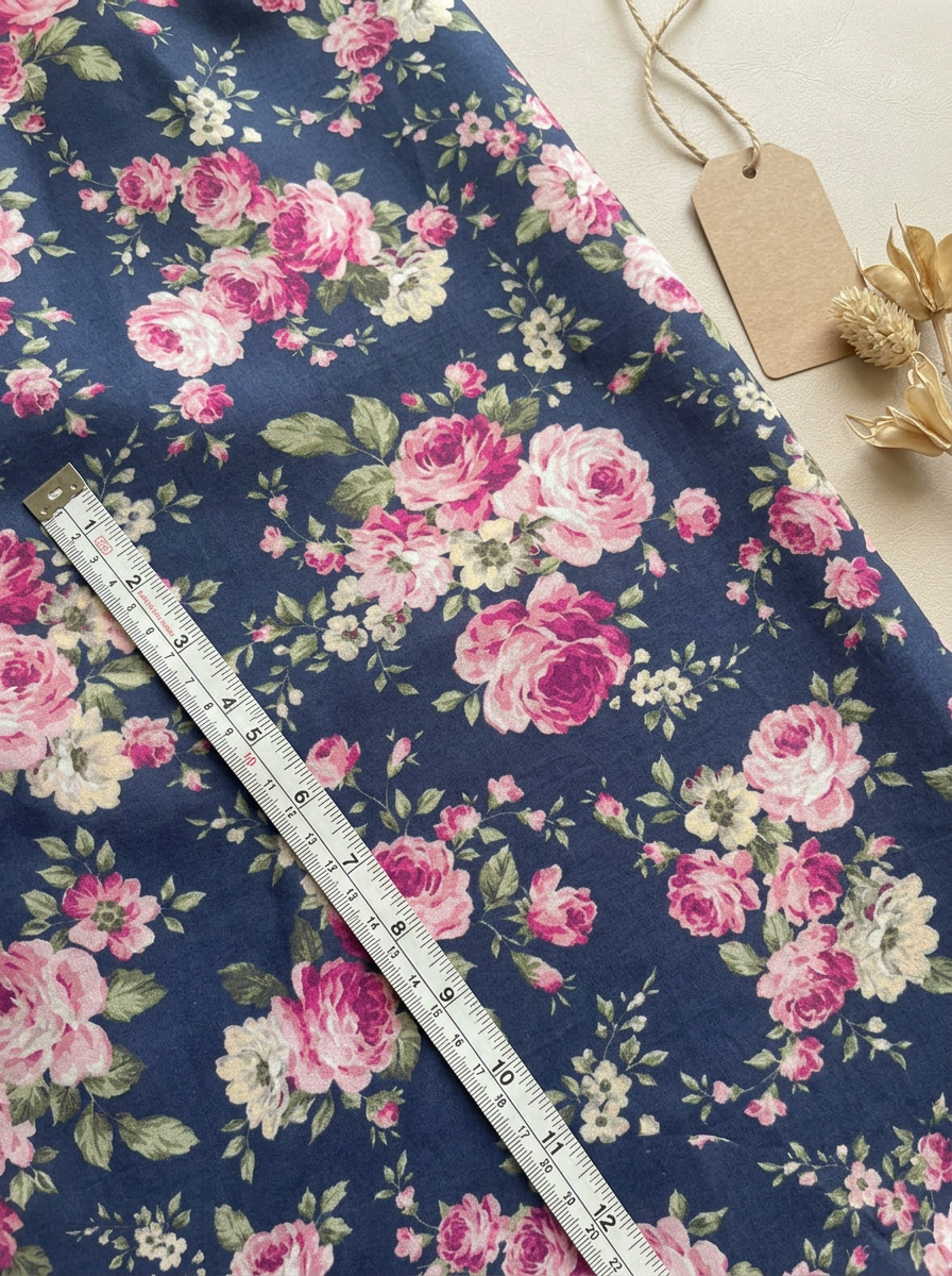 Navy Pink Rose Floral Pattern Pure Cotton Digital Printed Fabric for Dresses