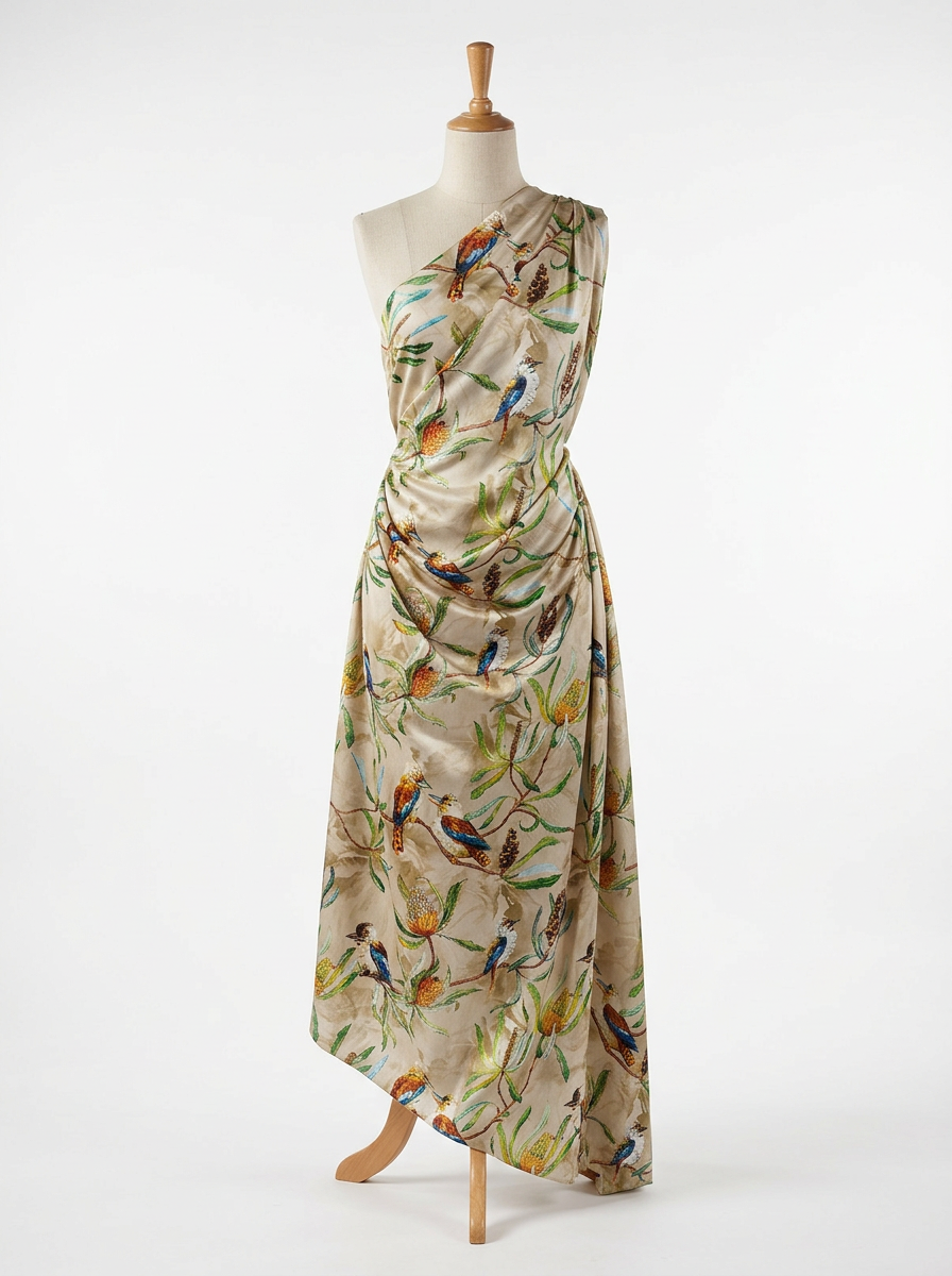 Close-up Texture & Drape of Beige / Cream Neutral Japan Satin Fabric — FAB VOGUE Studio