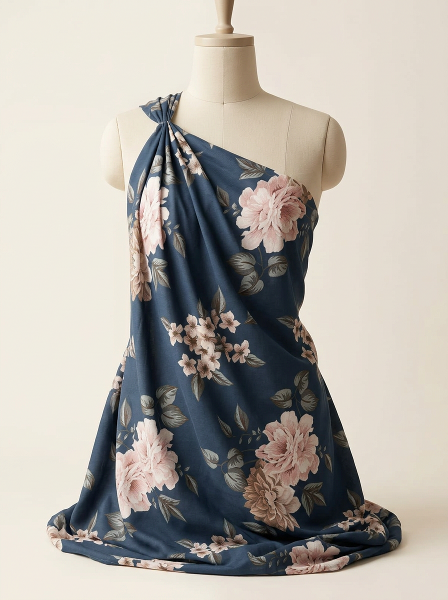 Navy Floral with Pink Blooms Pure Cotton Digital Printed Fabric