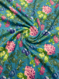 Teal & Pink Botanical Floral Velvet Fabric – Vibrant Digital Print for Ethnic Wear