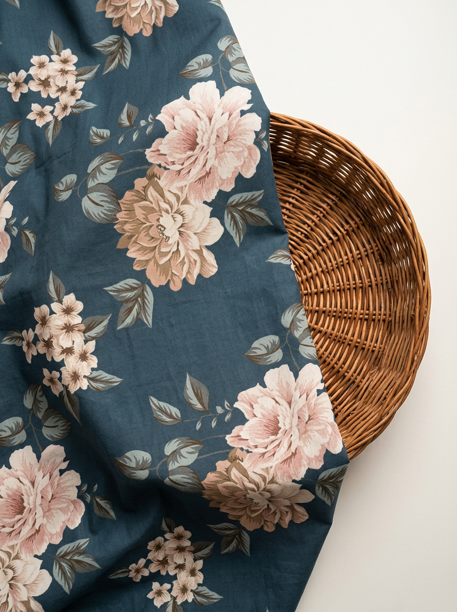 Navy Floral with Pink Blooms Pure Cotton Digital Printed Fabric