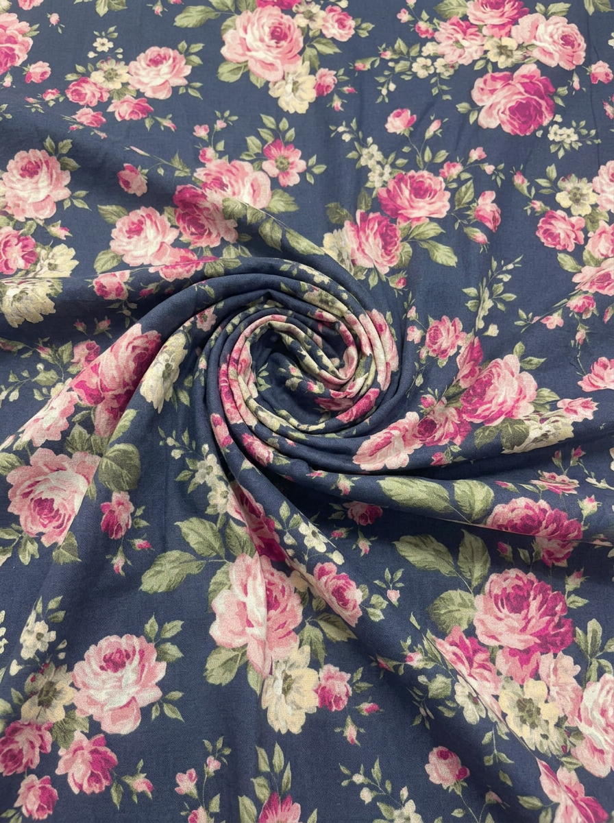 Navy Pink Rose Floral Pattern Pure Cotton Digital Printed Fabric for Dresses