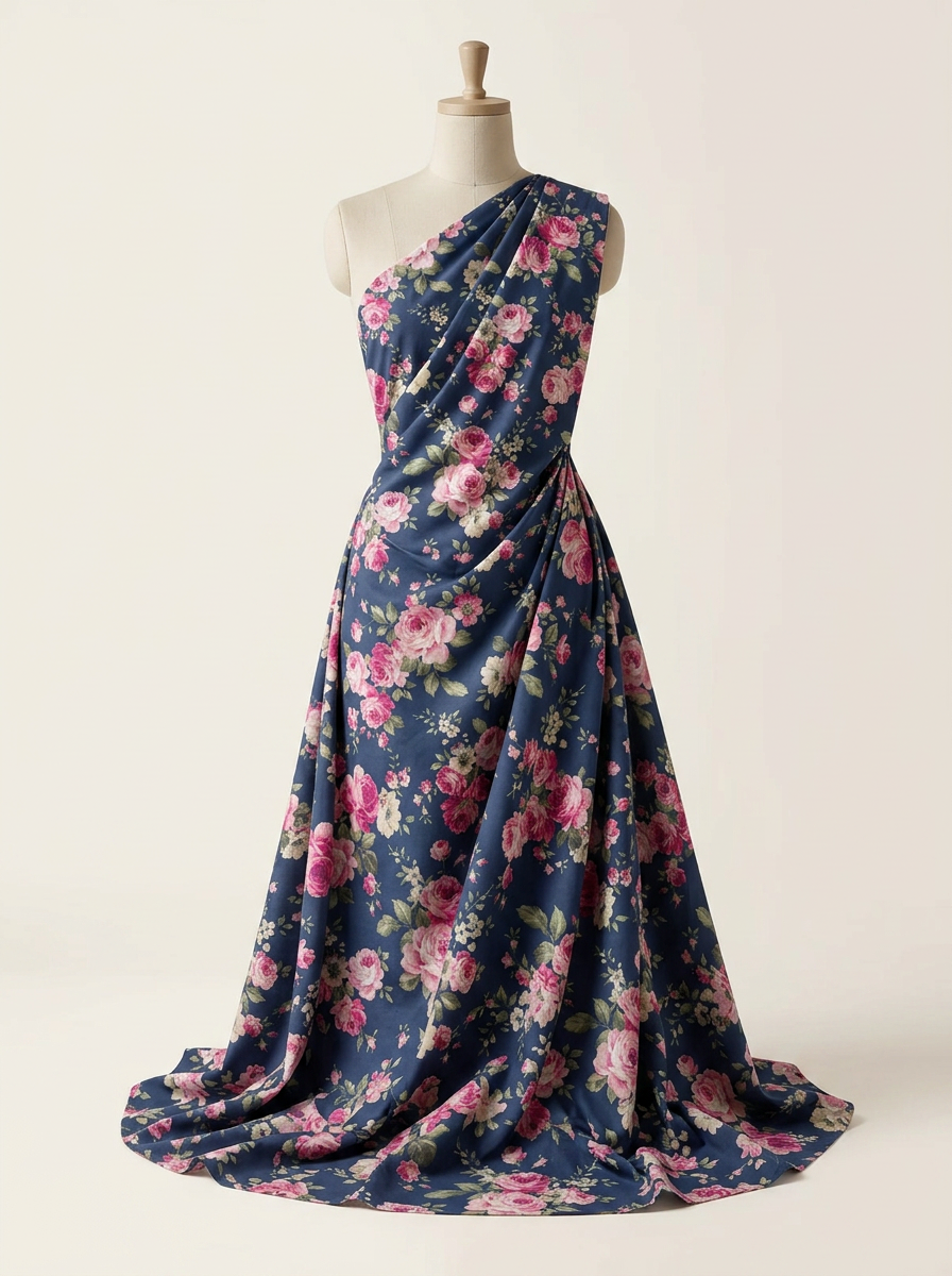 Navy Pink Rose Floral Pattern Pure Cotton Digital Printed Fabric for Dresses