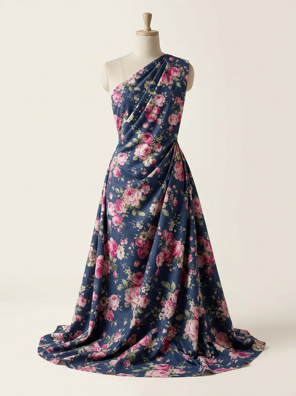 Navy Pink Rose Floral Pattern Pure Cotton Digital Printed Fabric for Dresses - alternate view
