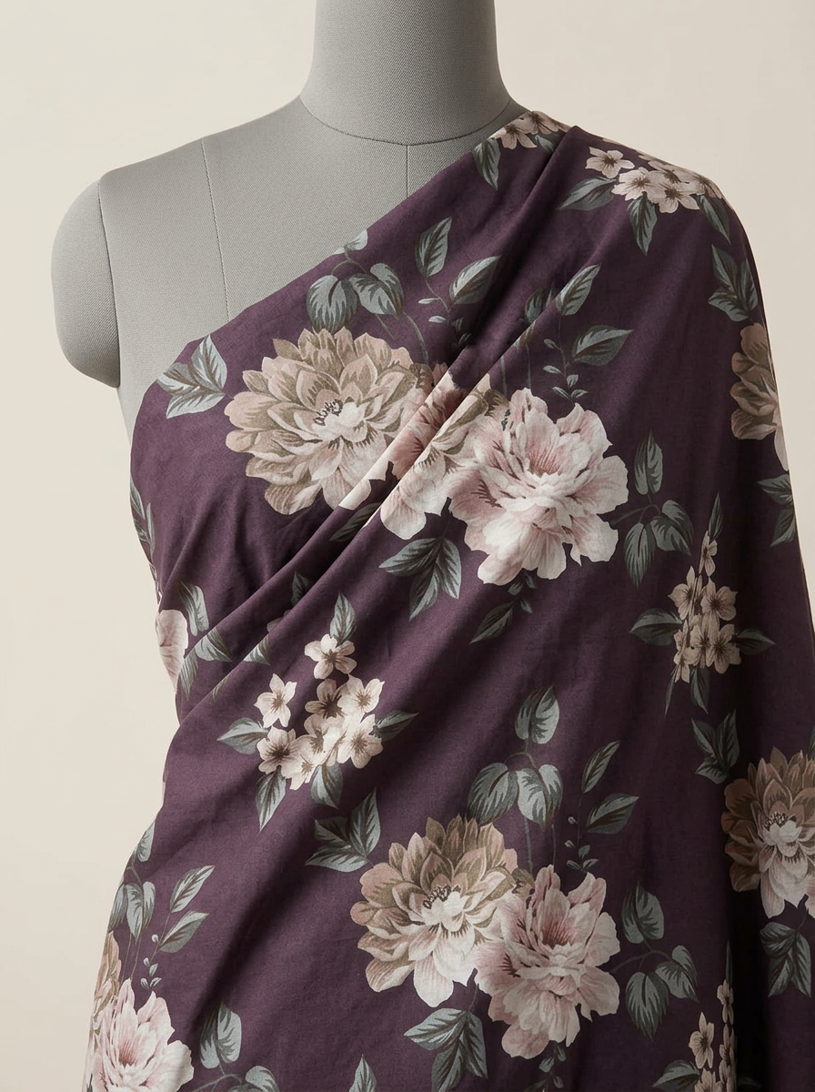 Maroon Vintage Floral Pure Cotton Digital Printed Fabric