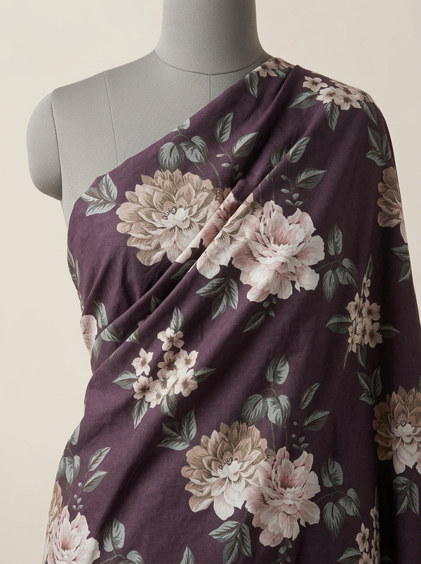 Maroon Vintage Floral Pure Cotton Digital Printed Fabric - alternate view