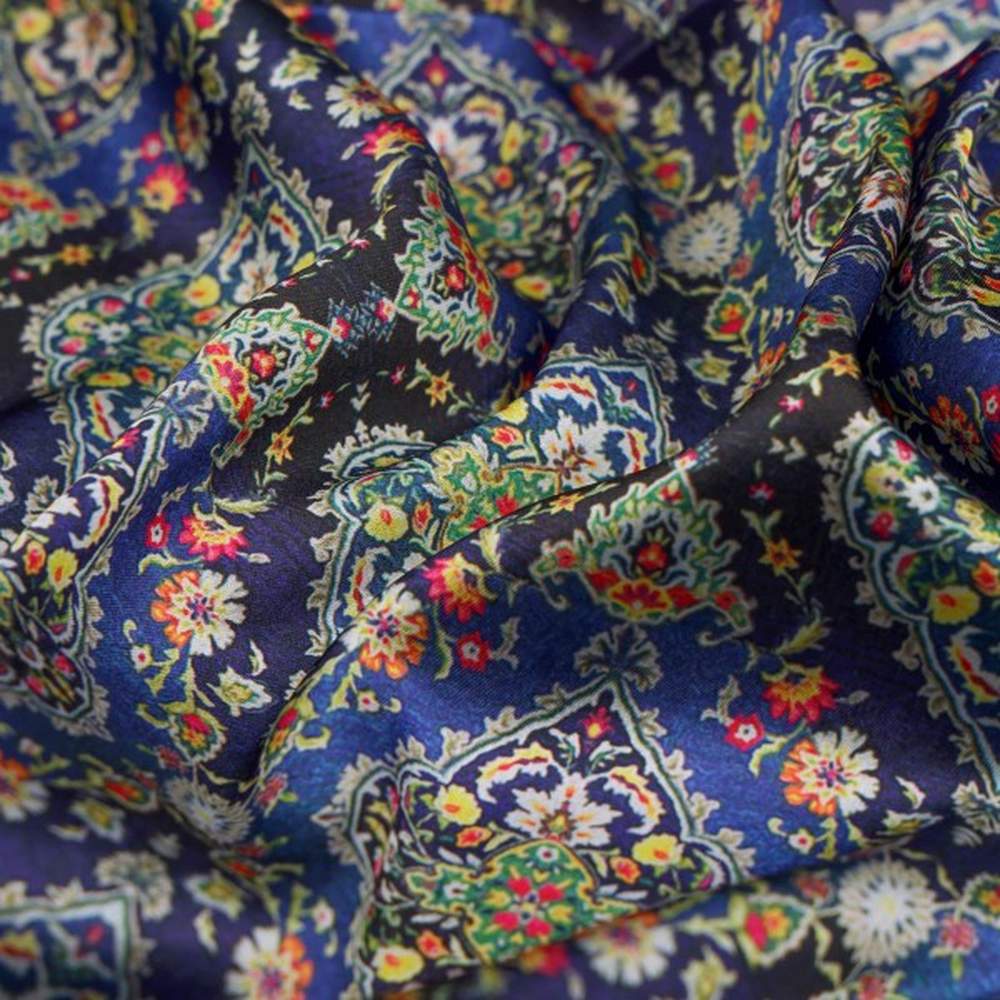 Royal Blue & Black Ethnic Damask Japan Satin Fabric