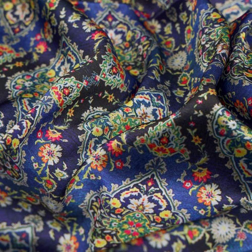 Royal Blue & Black Ethnic Damask Japan Satin Fabric