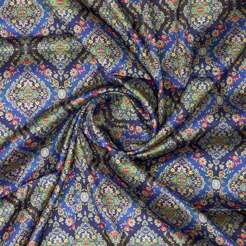 Royal Blue & Black Ethnic Damask Japan Satin Fabric