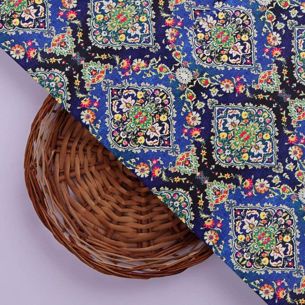 Royal Blue & Black Ethnic Damask Japan Satin Fabric