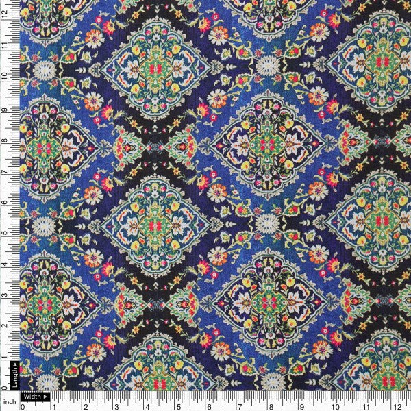 Royal Blue & Black Ethnic Damask Japan Satin Fabric