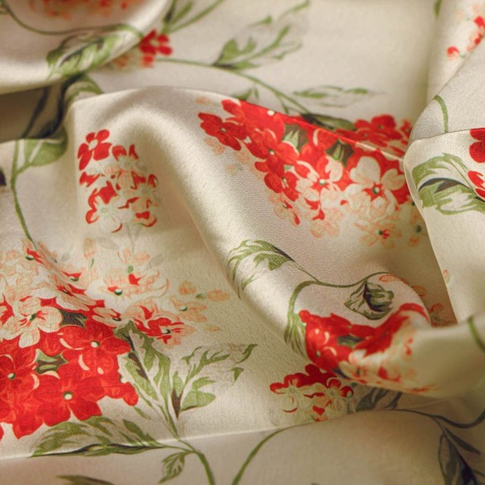 Elegant Red Hydrangea Floral Printed Japan Satin Fabric