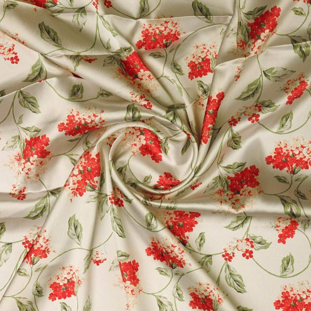 Elegant Red Hydrangea Floral Printed Japan Satin Fabric