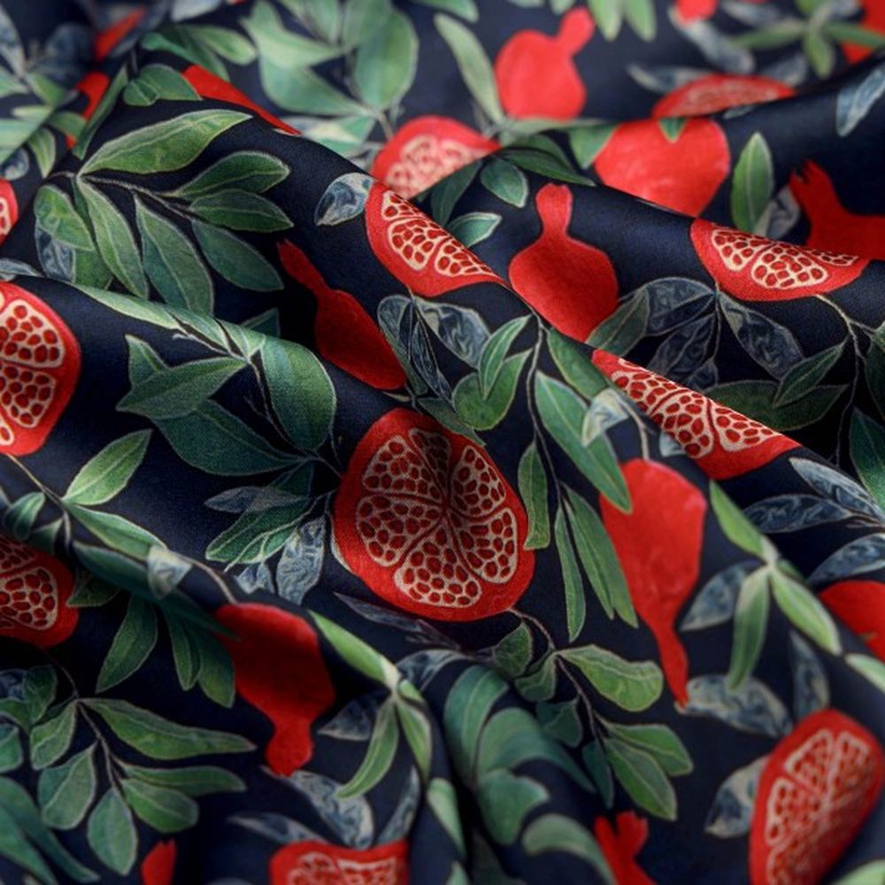 Navy Blue Pomegranate Fruit Print Japan Satin Fabric