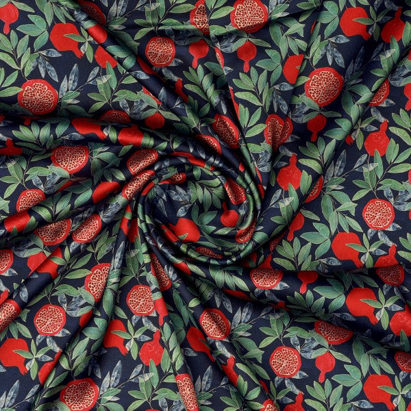 Navy Blue Pomegranate Fruit Print Japan Satin Fabric