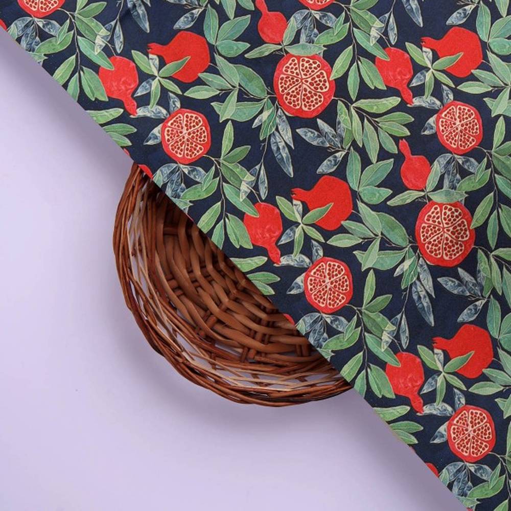 Navy Blue Pomegranate Fruit Print Japan Satin Fabric