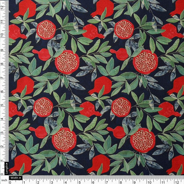 Navy Blue Pomegranate Fruit Print Japan Satin Fabric