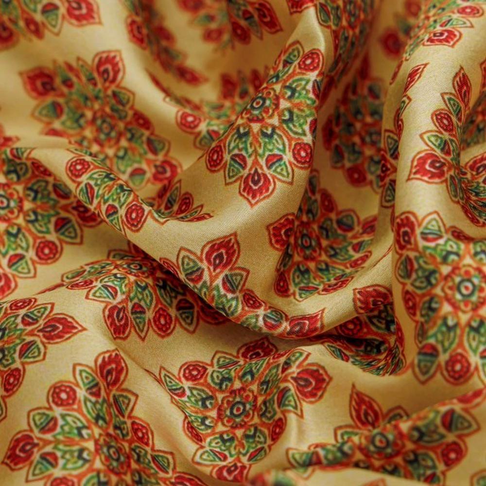 Beige & Red Ethnic Motif Printed Japan Satin Fabric