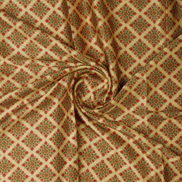 Beige & Red Ethnic Motif Printed Japan Satin Fabric