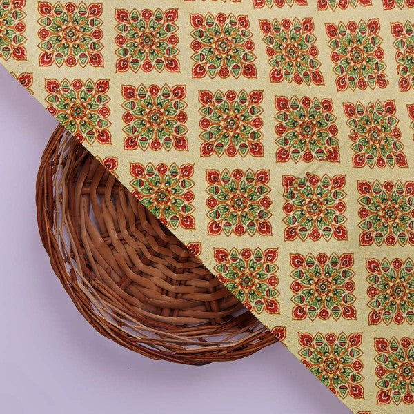 Beige & Red Ethnic Motif Printed Japan Satin Fabric