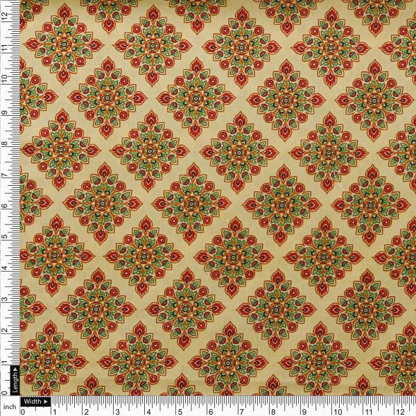 Beige & Red Ethnic Motif Printed Japan Satin Fabric