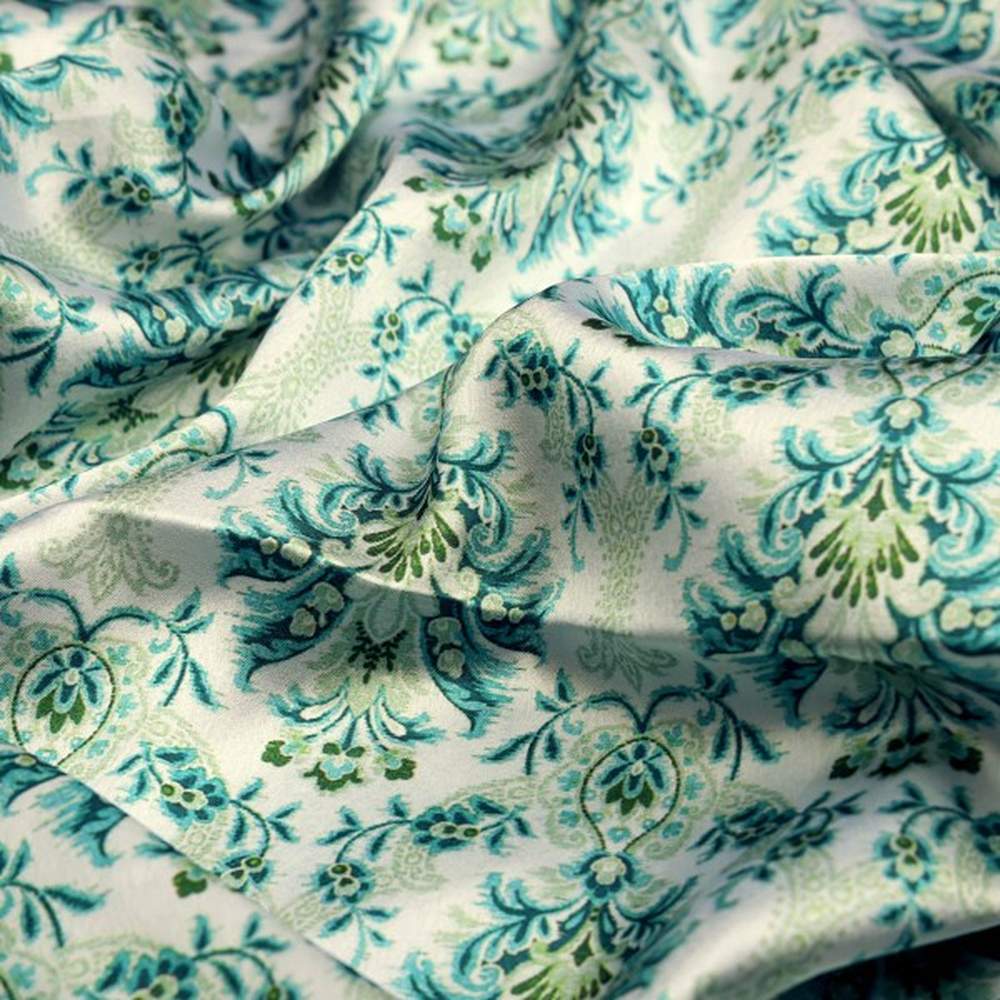 Teal and Green Damask Floral Printed Japan Satin Fabric