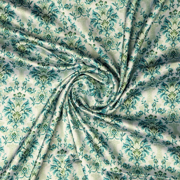 Teal and Green Damask Floral Printed Japan Satin Fabric