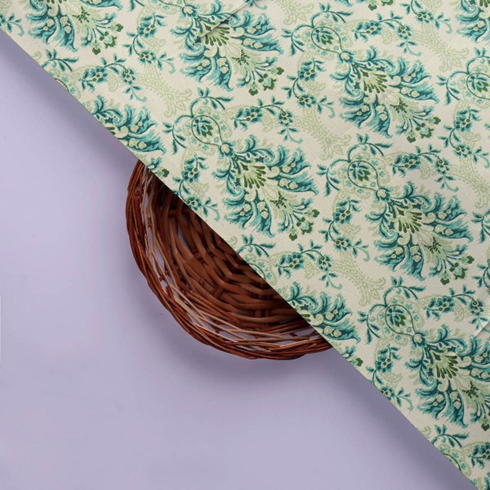 Teal and Green Damask Floral Printed Japan Satin Fabric