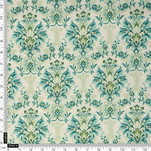 Teal and Green Damask Floral Printed Japan Satin Fabric