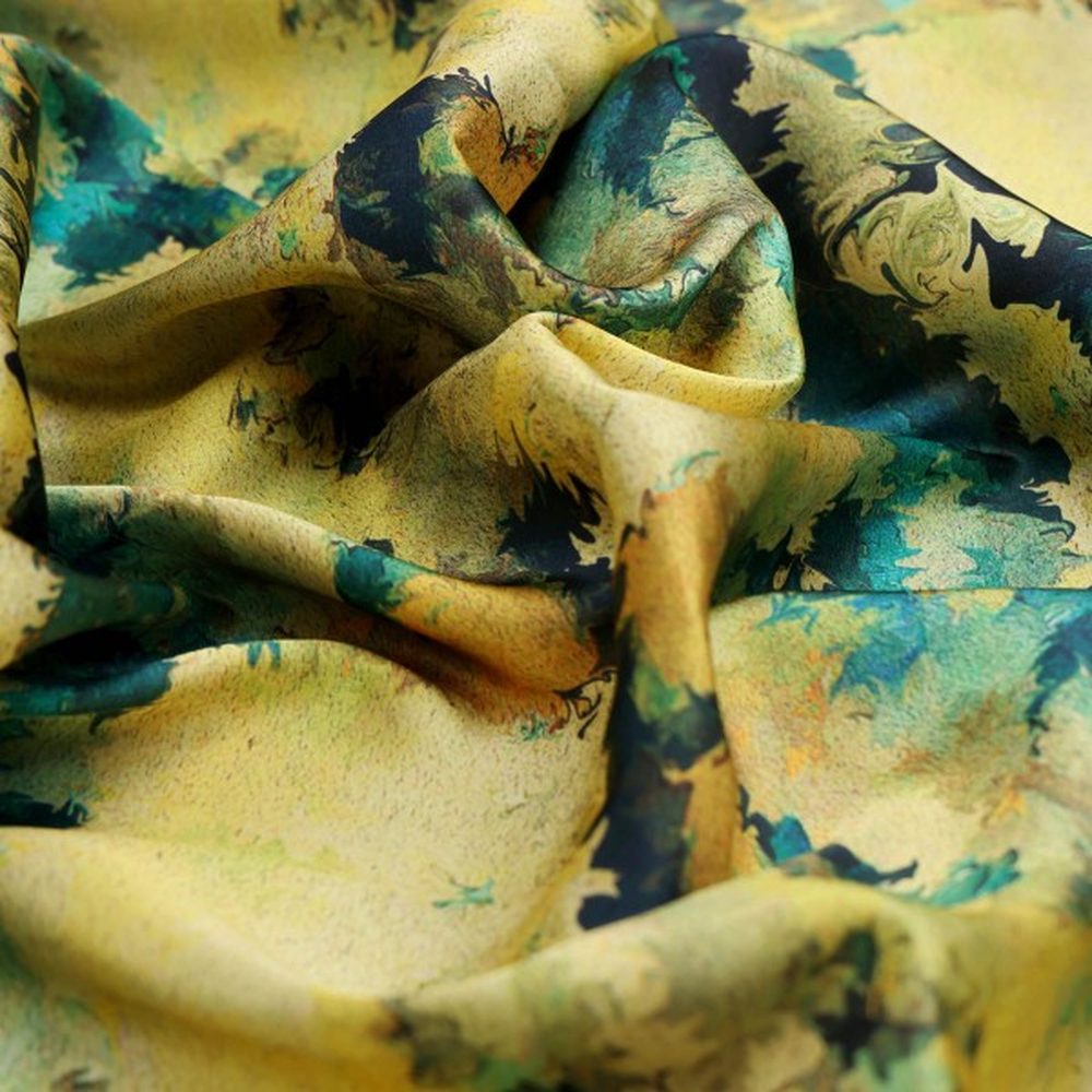 Abstract Green & Yellow Brushstroke Japan Satin Fabric