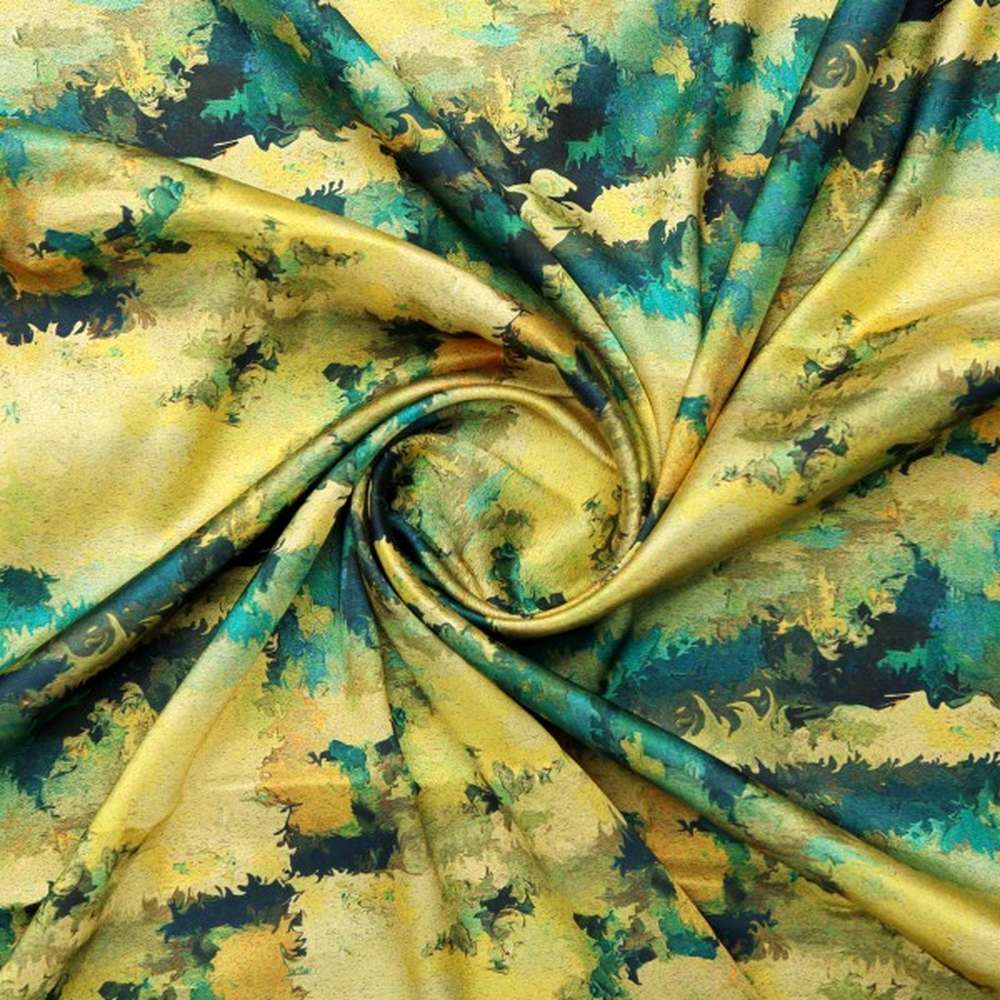 Abstract Green & Yellow Brushstroke Japan Satin Fabric