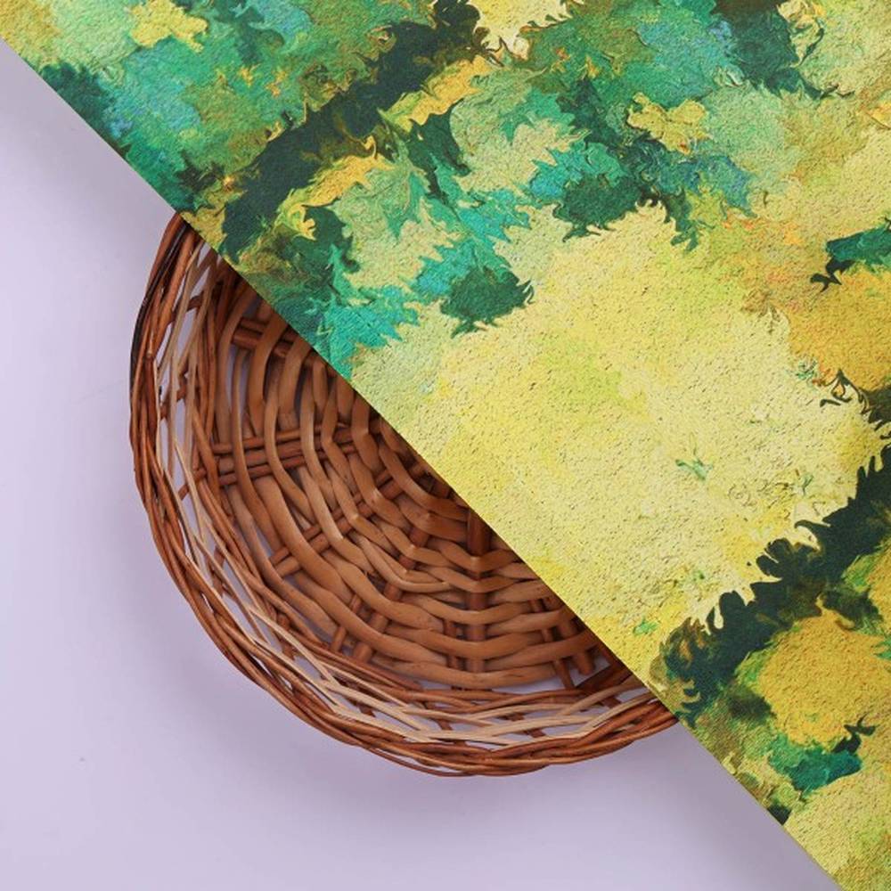 Abstract Green & Yellow Brushstroke Japan Satin Fabric
