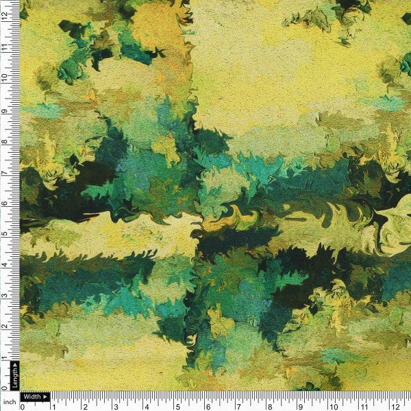 Abstract Green & Yellow Brushstroke Japan Satin Fabric