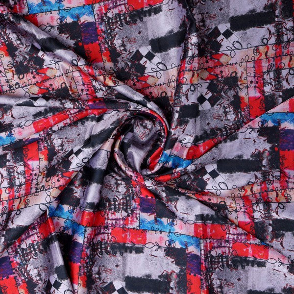 Artistic Brushstroke & Checkered Japan Satin Fabric