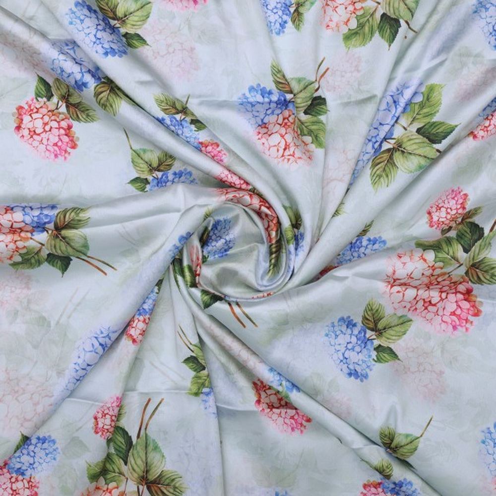 Sea Green & Pink Hydrangea Floral Japan Satin Fabric