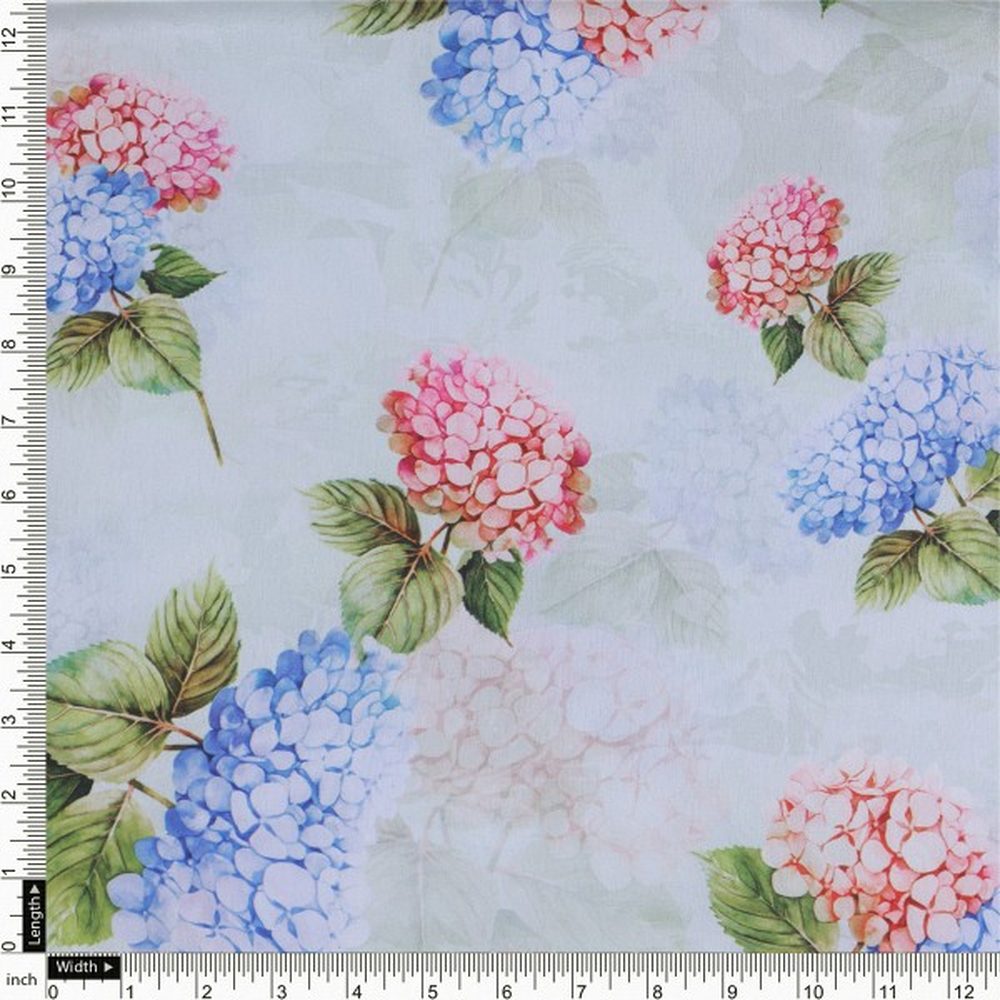Sea Green & Pink Hydrangea Floral Japan Satin Fabric