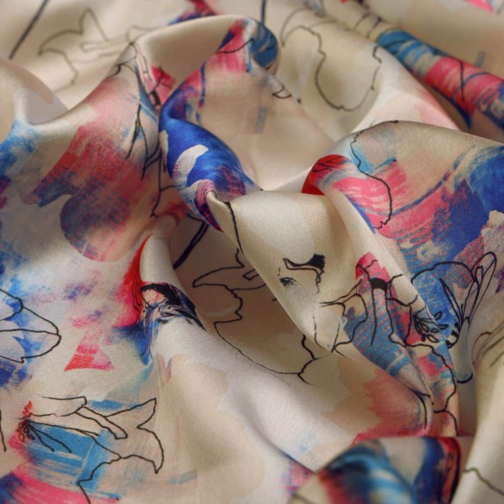 Abstract Floral Sketch Print on Cream Japan Satin Fabric