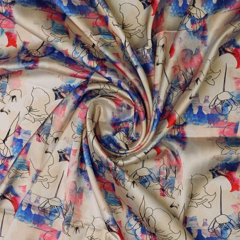 Abstract Floral Sketch Print on Cream Japan Satin Fabric